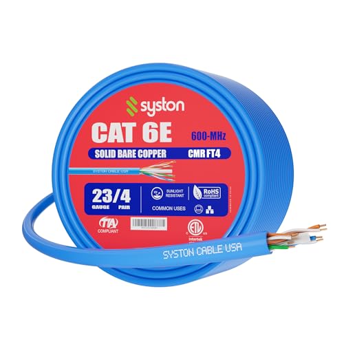 Syston Cable Technology Cat 6E Ethernet Network Cable - 100 FT，600MHz 23AWG Solid Bare Copper Wire Outdoor/Indoor, Bulk No Ends 10 Ft to 1000 Ft Available, Heat Resistant Riser Rated - CMR - Image 1
