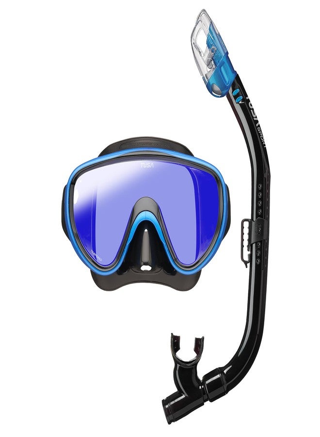 TUSA Sport UC-0118 Serene Adult Single-Window Mask & Dry Snorkel Set, Black/Fishtail Blue Mirrored Lens - Image 1