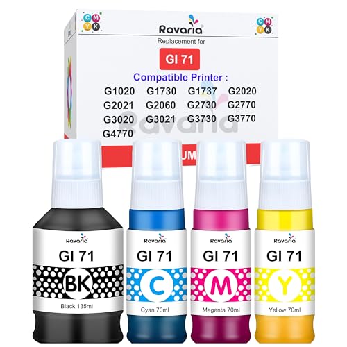Ravaria GI 71 Ink for Cn Printer G1020 G1730 G1737 G2020 G2021 G2060 G3020 G3730 G3770 G4770 G4780 (GI 71 Ink CMYK 1 Set) - Image 1