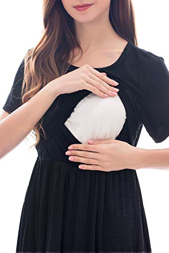 Smallshow Women's Short Sleeve Patchwork Nursing Dresses for Breastfeeding Medium Black - Image 2
