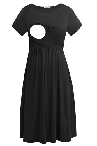 Smallshow Women's Short Sleeve Patchwork Nursing Dresses for Breastfeeding Medium Black - Image 1