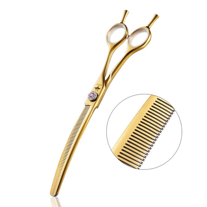 PURPLEBIRD 7 Inch Downward Curved Dog Grooming Scissors Thinning Texturizing Shears Professional Safety Blunt Tip Trimming Shearing for Dogs Cats Face Paws Limbs Japanese Stainless Steel Yellow - Image 1