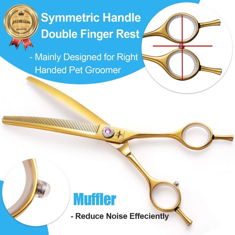 PURPLEBIRD 7 Inch Downward Curved Dog Grooming Scissors Thinning Texturizing Shears Professional Safety Blunt Tip Trimming Shearing for Dogs Cats Face Paws Limbs Japanese Stainless Steel Yellow - Image 3