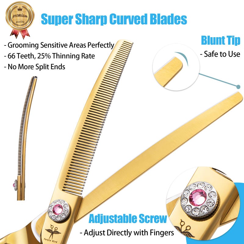 PURPLEBIRD 7 Inch Downward Curved Dog Grooming Scissors Thinning Texturizing Shears Professional Safety Blunt Tip Trimming Shearing for Dogs Cats Face Paws Limbs Japanese Stainless Steel Yellow - Image 2