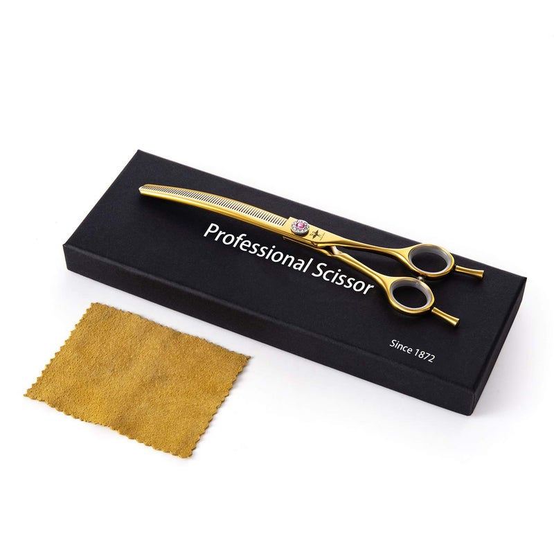 PURPLEBIRD 7 Inch Downward Curved Dog Grooming Scissors Thinning Texturizing Shears Professional Safety Blunt Tip Trimming Shearing for Dogs Cats Face Paws Limbs Japanese Stainless Steel Yellow - Image 5