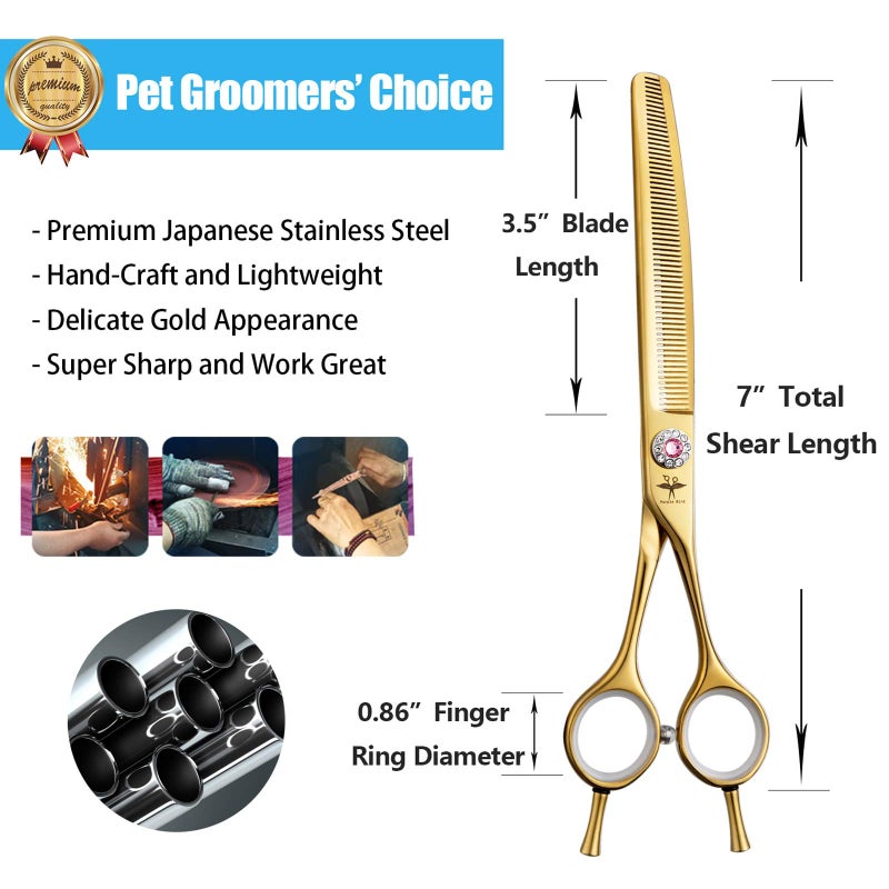 PURPLEBIRD 7 Inch Downward Curved Dog Grooming Scissors Thinning Texturizing Shears Professional Safety Blunt Tip Trimming Shearing for Dogs Cats Face Paws Limbs Japanese Stainless Steel Yellow - Image 4