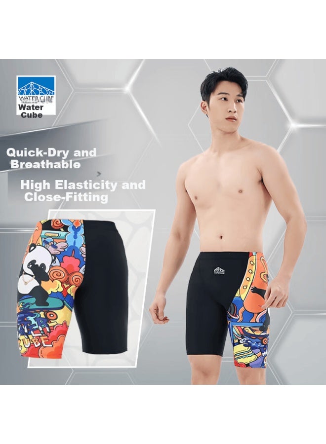 Water Cube Men's Five-point Square Leg Swim Trunks Graffiti Print Professional Racing Chlorine-resistant Quick-dry Anti-embarrassment Swimming Shorts Black 3XL