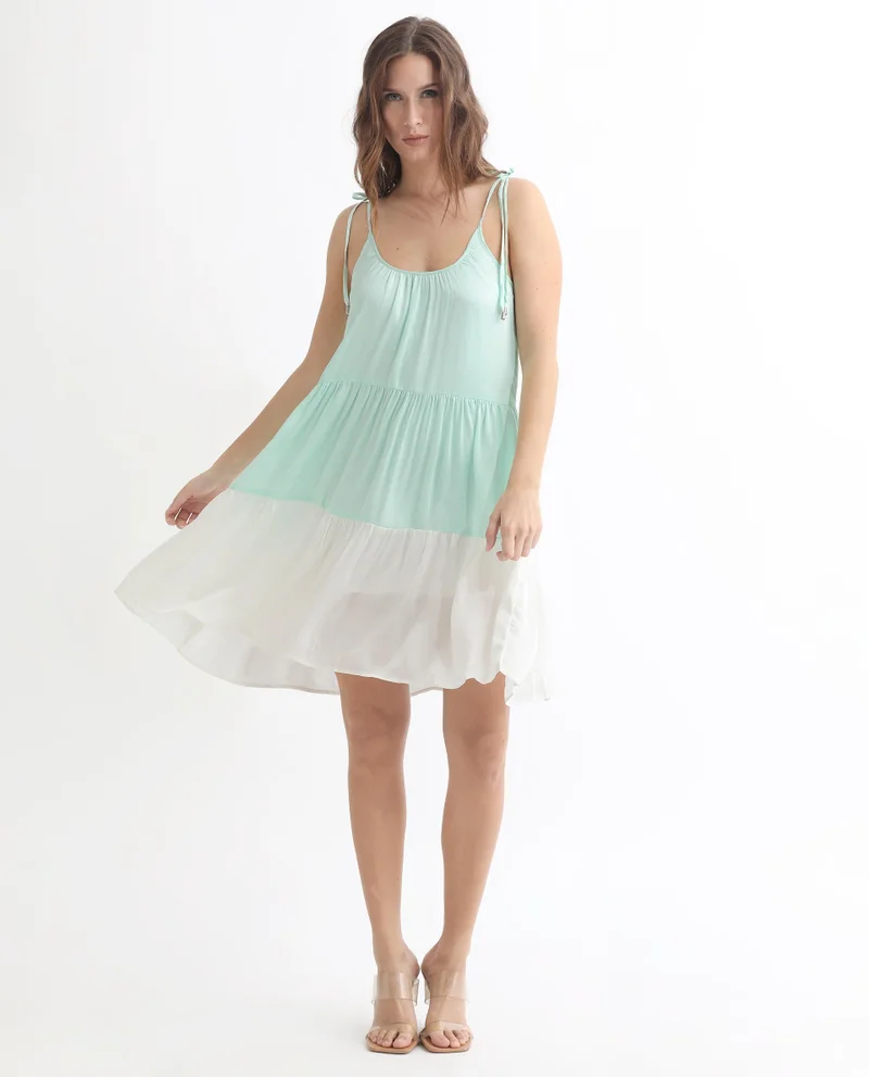 Rareism Women's Tie Up Colour Blocked Satin Mini Dress
