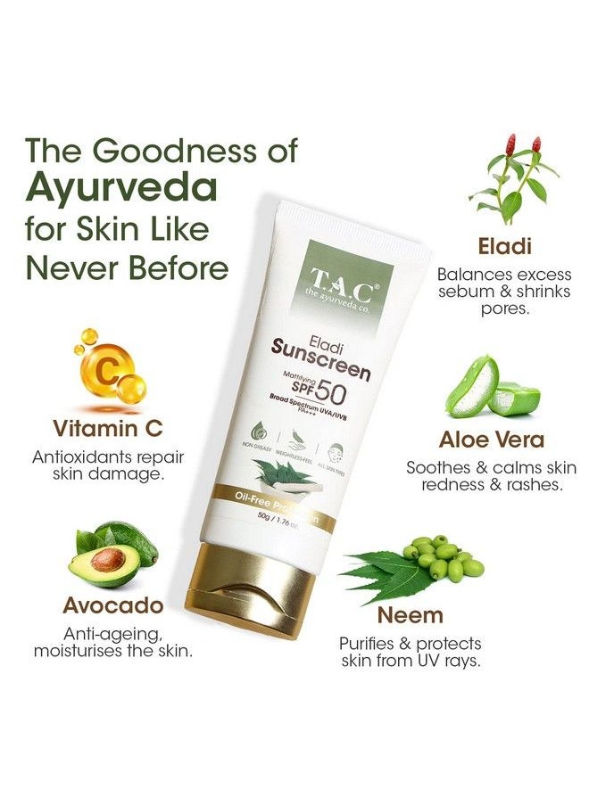 TAC - The Ayurveda Co. واقي الشمس إيلادي بعامل حماية من أشعة الشمس 50 وPa+++ لحماية من أشعة الشمس فوق البنفسجية UVA وUVB لصيف الهند للنساء والرجال لجميع أنواع البشرة 50 جرام  - Image 3