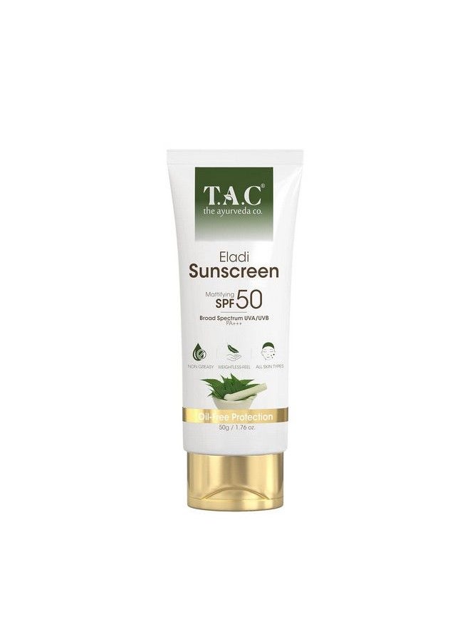 TAC - The Ayurveda Co. واقي الشمس إيلادي بعامل حماية من أشعة الشمس 50 وPa+++ لحماية من أشعة الشمس فوق البنفسجية UVA وUVB لصيف الهند للنساء والرجال لجميع أنواع البشرة 50 جرام  - Image 2