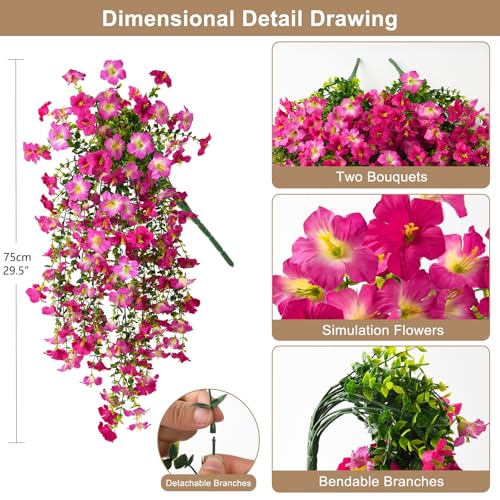 ZFProcess Artificial Hanging Flowers Plants for Outdoor Spring Summer Decoration, 2PCS Faux Silk Morning glory UV Resistant Look Real for Outside Home Indoor Planter Porch Garden Yard Decor(Purple Red Pink) - Image 2