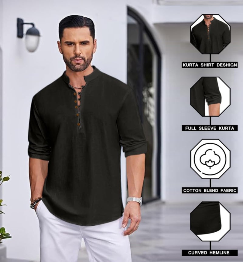 Macsivo Men's Stylish Mandarin Collar Kurta | Casual Ethnic Fusion Shirt for Daily, Party & Travel | Full Sleeves | Cotton Blend Comfort Fit Short Kurta Black - Image 3