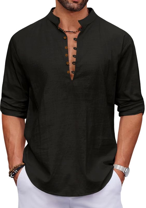 Macsivo Men's Stylish Mandarin Collar Kurta | Casual Ethnic Fusion Shirt for Daily, Party & Travel | Full Sleeves | Cotton Blend Comfort Fit Short Kurta Black - Image 1