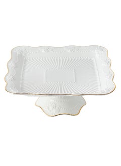 Life Smile LIFE SMILE White Cake Plate with Floral Gold Stand - Luxury Bone China Pastry & Dessert Server  - Image 1