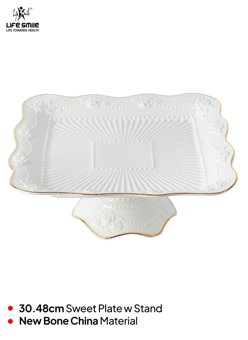 Life Smile LIFE SMILE White Cake Plate with Floral Gold Stand - Luxury Bone China Pastry & Dessert Server  - Image 2