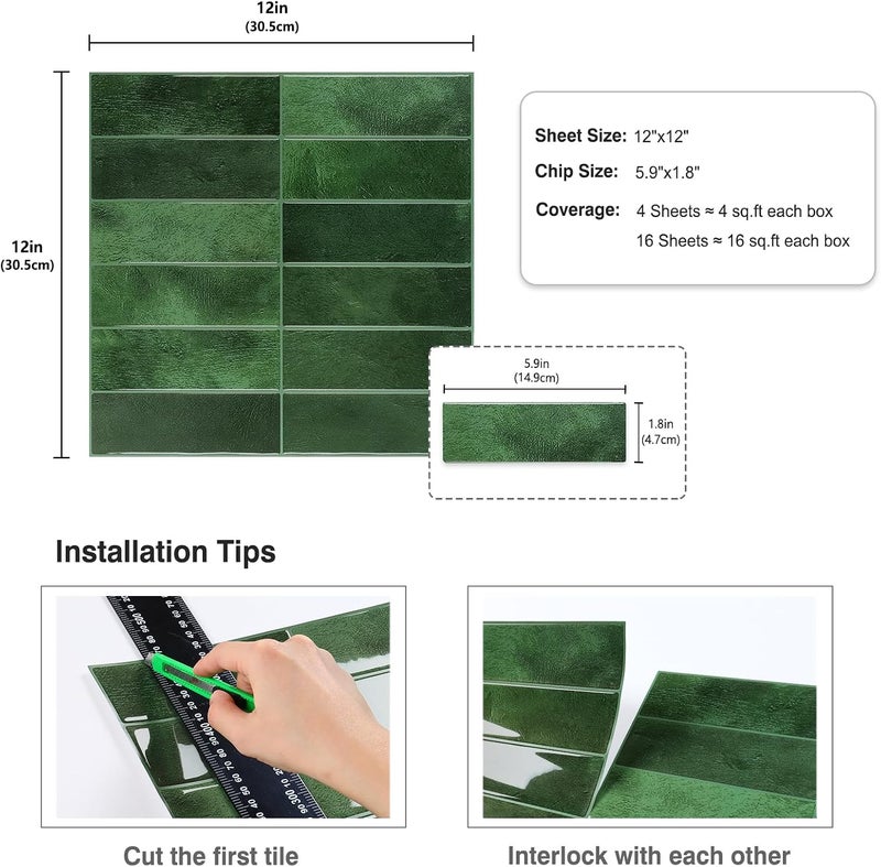 CRE8TIVE 4 Sheets Green Straight Linear Peel and Stick Backsplash Stick on Tiles for Kitchen Bathroom Green Wall Tile Stickers Waterproof 12"x12" Renter Friendly Self Adhesive Kitchen Backsplash Tiles - Image 2