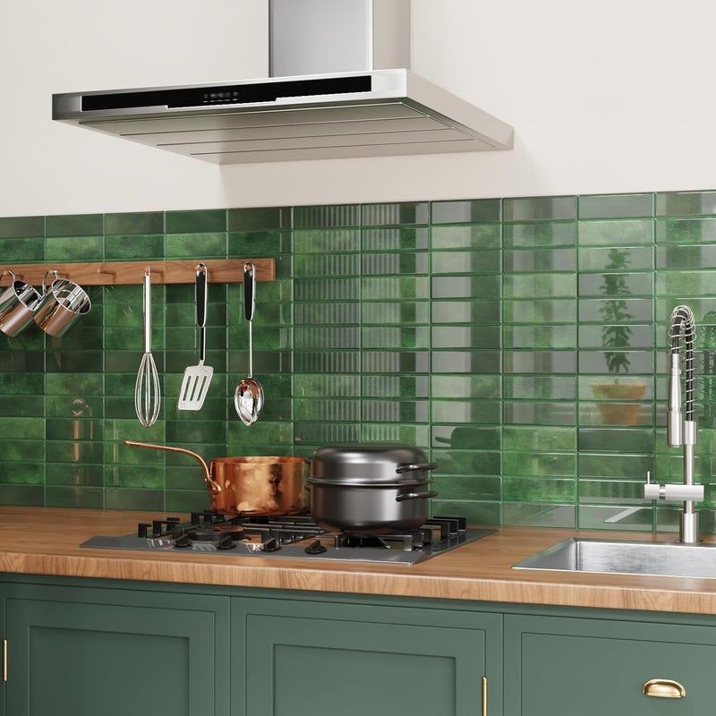 CRE8TIVE 4 Sheets Green Straight Linear Peel and Stick Backsplash Stick on Tiles for Kitchen Bathroom Green Wall Tile Stickers Waterproof 12"x12" Renter Friendly Self Adhesive Kitchen Backsplash Tiles - Image 5
