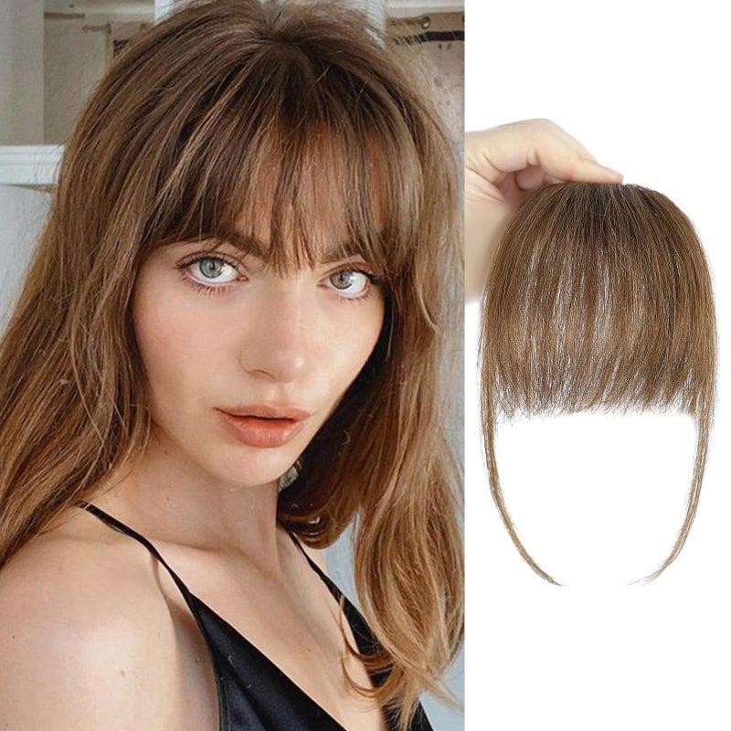 BOGSEA Clip in Bangs 100% Human Hair Bangs with Temples Bangs Hairpieces for Women Clip in Fake Bangs for Daily Wear (Light Brown, Wispy Bangs) - Image 1