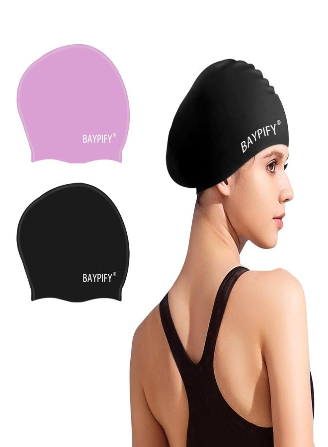 Baypify 2 Pack Swim Cap for Long Hair, Silicone Swimming Cap for Adult Women Men, Waterproof Swim Hats to Keep Hair Dry,20% Extra Space, Anti-Slip Particles on the Inner - Image 1