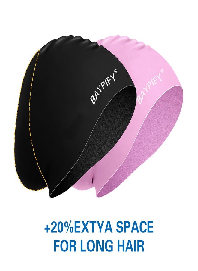 Baypify 2 Pack Swim Cap for Long Hair, Silicone Swimming Cap for Adult Women Men, Waterproof Swim Hats to Keep Hair Dry,20% Extra Space, Anti-Slip Particles on the Inner - Image 3