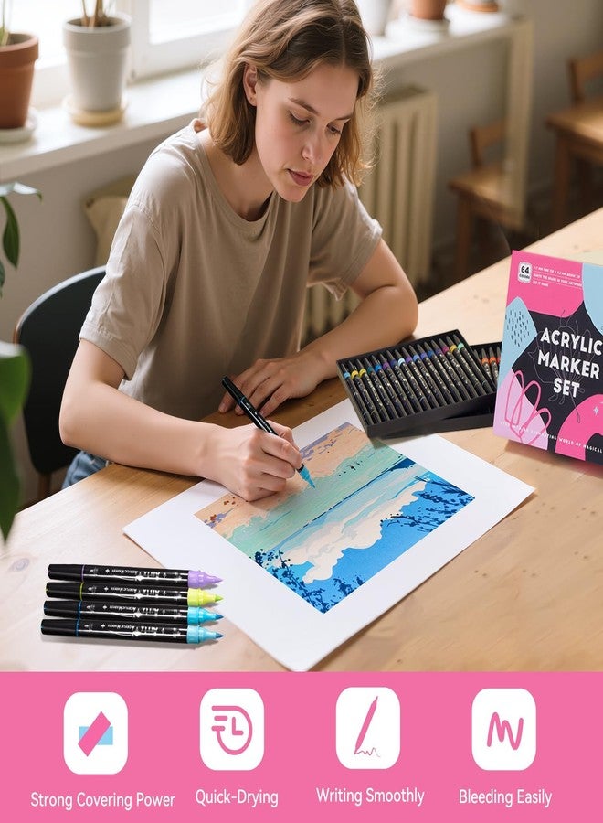 Arrtx Acrylic Markers 64 Colors, Dual Tip Acrylic Paint Markers, Waterproof, Non-Toxic, Acrylic Paint Pens for Rock Painting, Wood, Ceramic, Glass, Canvas, DIY Crafts - Image 5