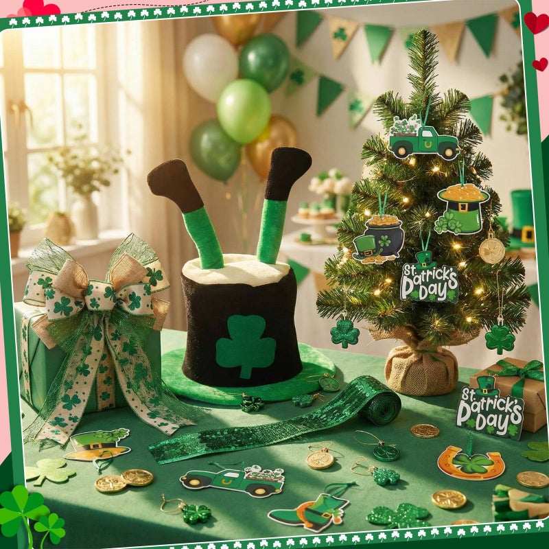 Halfchet 46 Pcs Valentine's Day St. Patrick's Day Tree Decorations Hanging Ornaments Shamrock Hats with Round Gold Coins Heart-Shaped Tree Ornaments for Irish St. Patrick's Party Decor - Image 5