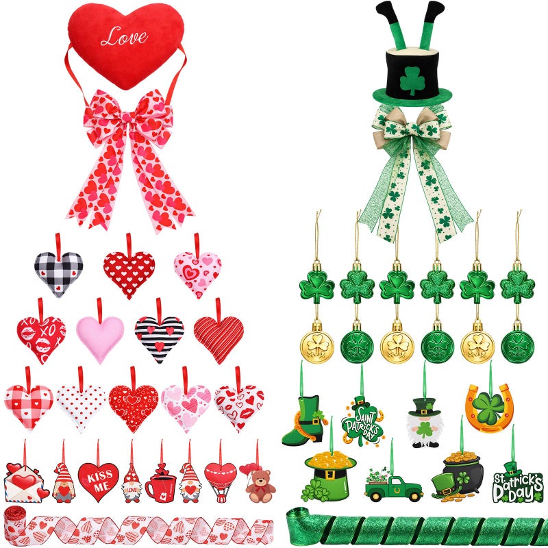 Halfchet 46 Pcs Valentine's Day St. Patrick's Day Tree Decorations Hanging Ornaments Shamrock Hats with Round Gold Coins Heart-Shaped Tree Ornaments for Irish St. Patrick's Party Decor - Image 1