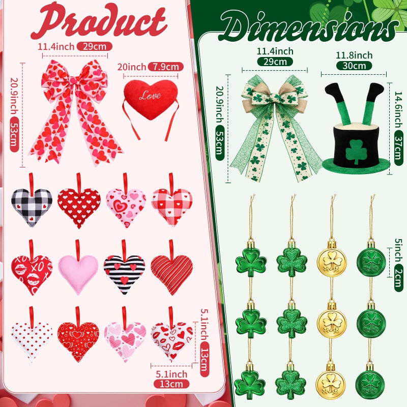 Halfchet 46 Pcs Valentine's Day St. Patrick's Day Tree Decorations Hanging Ornaments Shamrock Hats with Round Gold Coins Heart-Shaped Tree Ornaments for Irish St. Patrick's Party Decor - Image 2