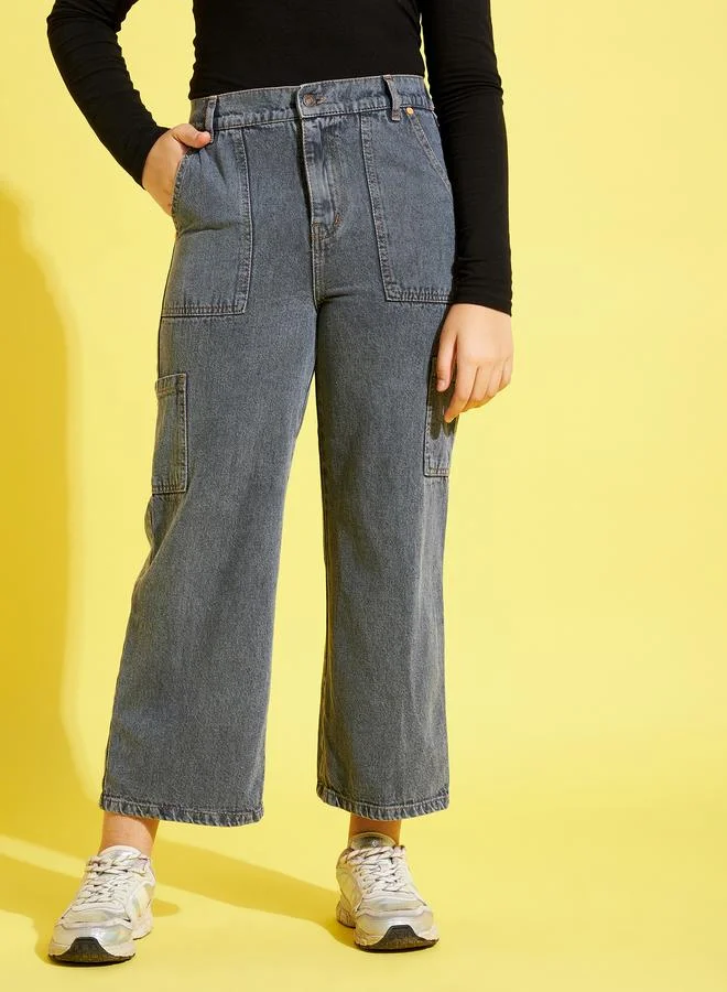 Sassafras Kids Grey Acid Wash Mid-Rise Straight Fit Cargo Jeans