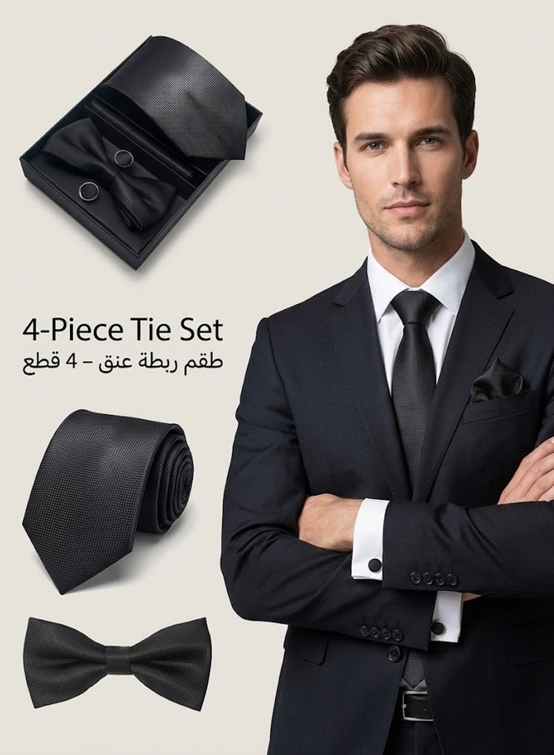 FIORICASA Men’s Premium 4-Piece Tie & Bow Tie Gift Set – Black Micro-Texture Tie, Bow Tie, Pocket Square & Cufflinks - Image 1