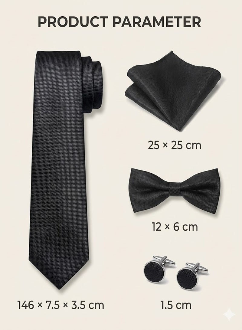 FIORICASA Men’s Premium 4-Piece Tie & Bow Tie Gift Set – Black Micro-Texture Tie, Bow Tie, Pocket Square & Cufflinks - Image 2