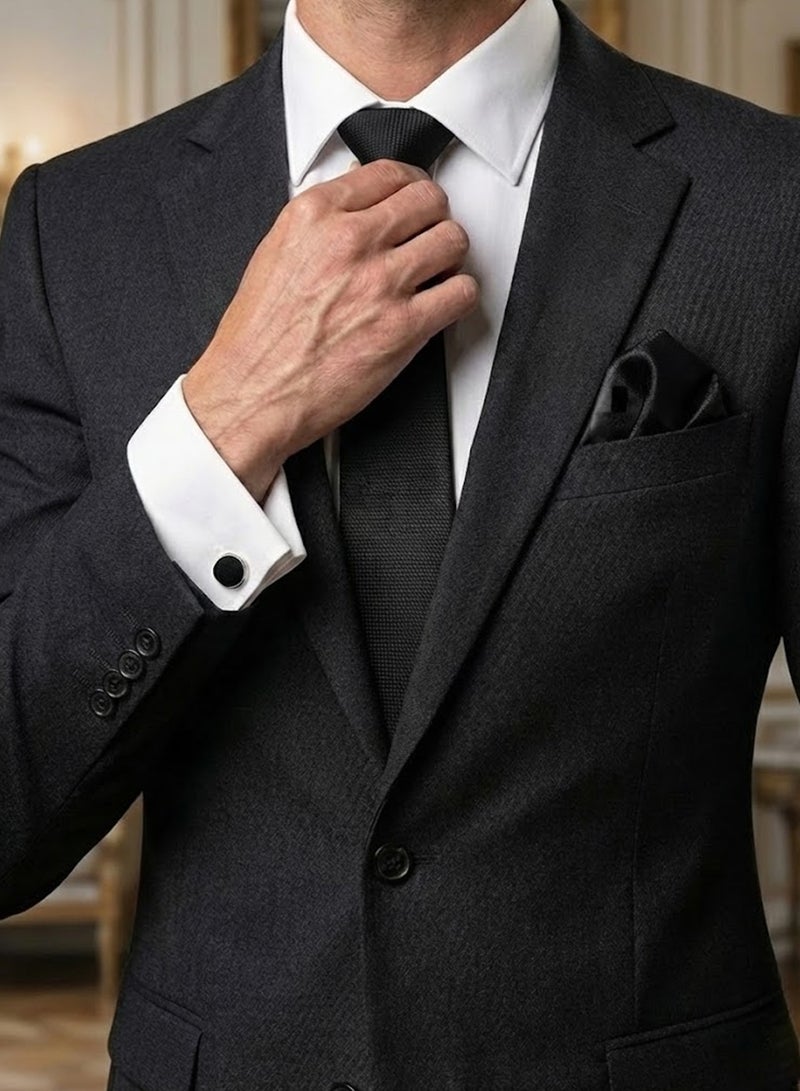 FIORICASA Men’s Premium 4-Piece Tie & Bow Tie Gift Set – Black Micro-Texture Tie, Bow Tie, Pocket Square & Cufflinks - Image 4