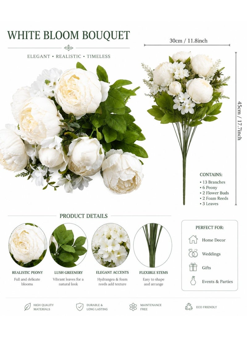 Artificial White Peony Bouquet Silk Flowers with Lush Greenery Home Decor Or Weddings-45cm - Image 2