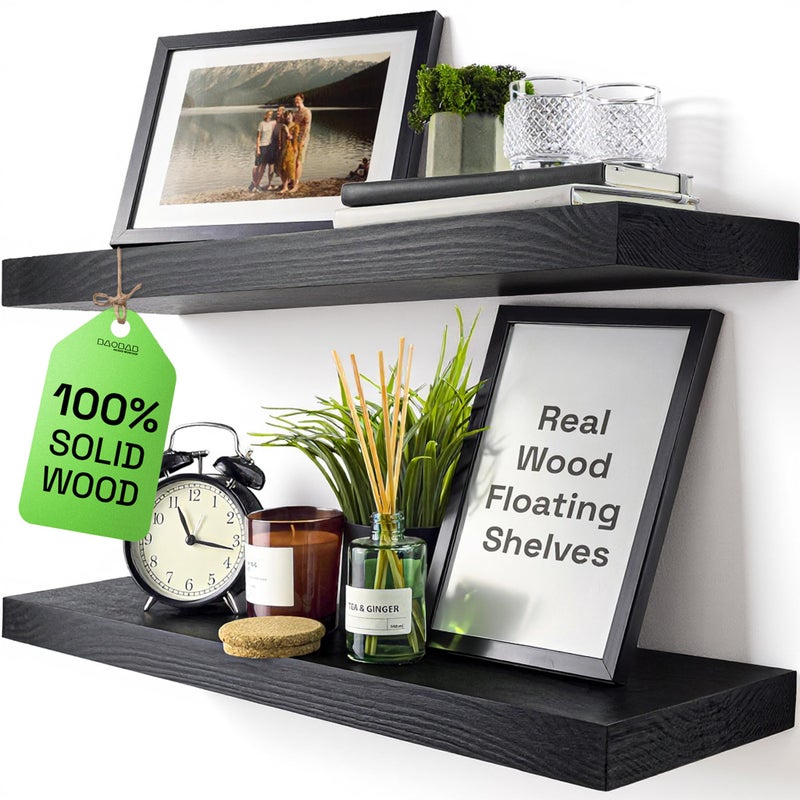 BAOBAB WORKSHOP Wood Floating Shelves for Bathroom Wall Black Shelf 24 inch Solid Wood Shelves for Wall for Bedroom Kitchen Living Room Black Floating Shelves 24 x 67 Inch Set of 2