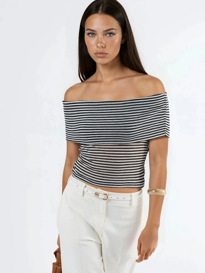 Busem BUSEM Striped Off Shoulder Crop Blouse