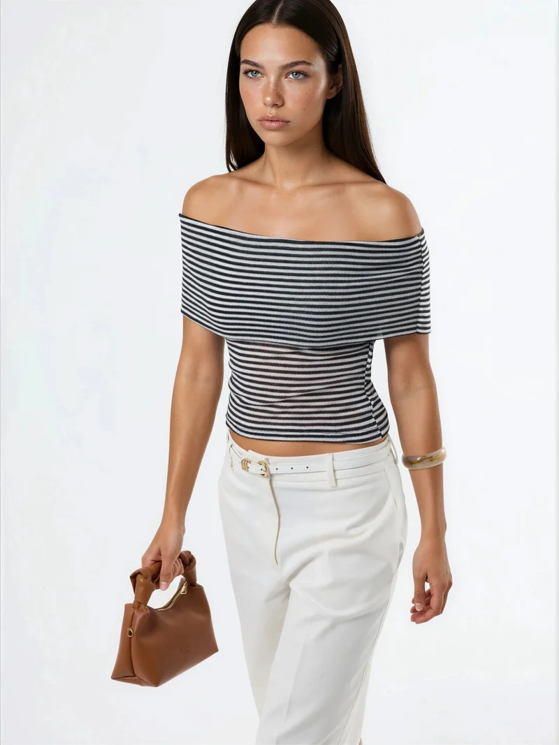 بوسيم BUSEM Striped Off Shoulder Crop Blouse