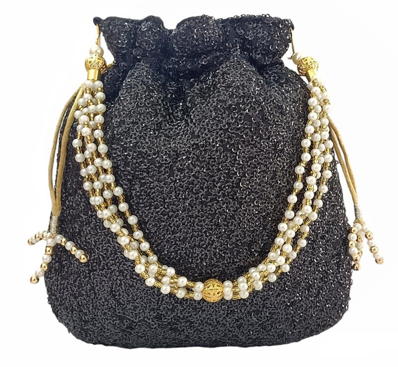 DUCHESS Women's Polti Bag with Pearl Handle and Tassel - Bridal Ethnic Traditional Casual Purse/Clutch/Handbag (20 L X 2 W X 23 H Cm, Black) - Image 4