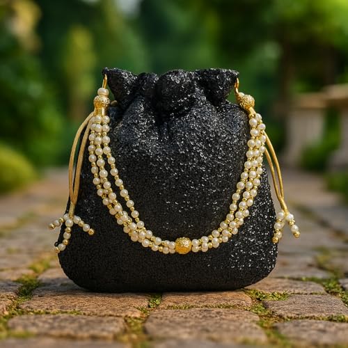 DUCHESS Women's Polti Bag with Pearl Handle and Tassel - Bridal Ethnic Traditional Casual Purse/Clutch/Handbag (20 L X 2 W X 23 H Cm, Black) - Image 2