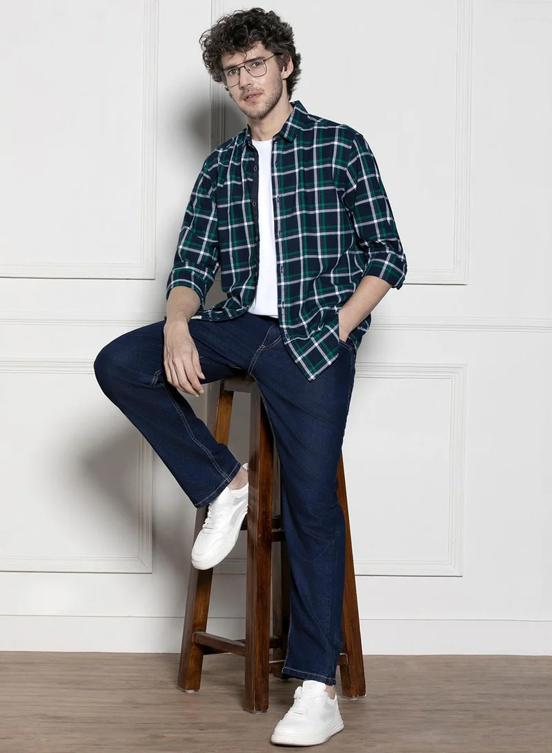 Dennis Lingo Men's Navy Cotton Blend Checkered Regular FiT-Shirt