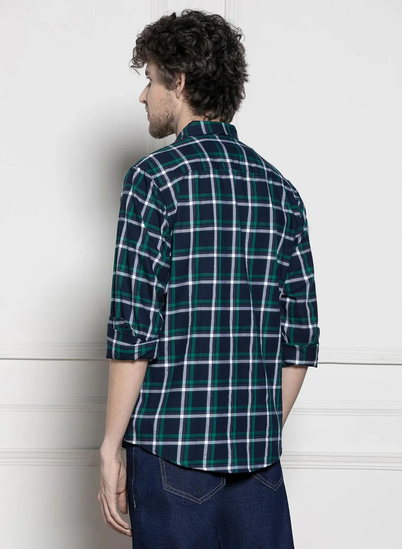 Dennis Lingo Men's Navy Cotton Blend Checkered Regular FiT-Shirt