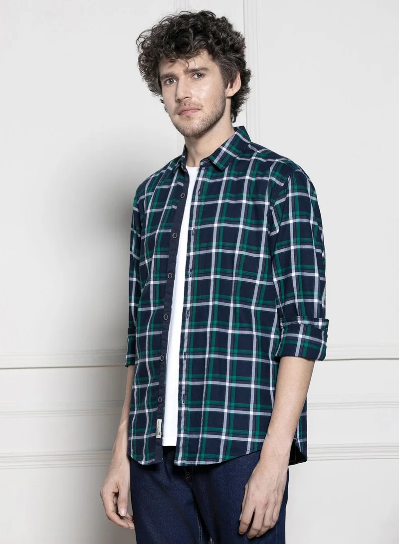 Dennis Lingo Men's Navy Cotton Blend Checkered Regular FiT-Shirt
