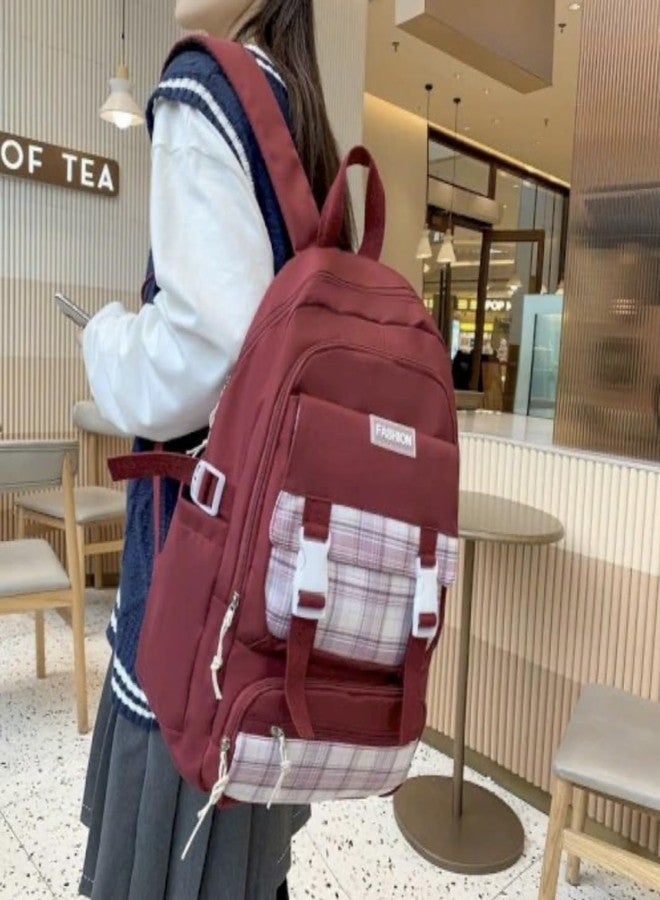 ADSON kawaii Girls Travel School/College Bag|Backpack Of Large Capacity Aesthetic Stylish Girls Korean Laptop Bag Rucksack for School |College Bags Bookbag for Teens Water Resistance (Plaid Maroon) - Image 2