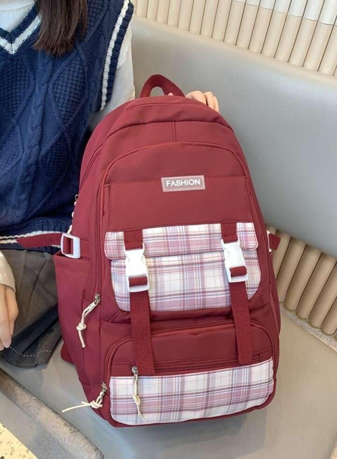 ADSON kawaii Girls Travel School/College Bag|Backpack Of Large Capacity Aesthetic Stylish Girls Korean Laptop Bag Rucksack for School |College Bags Bookbag for Teens Water Resistance (Plaid Maroon) - Image 4