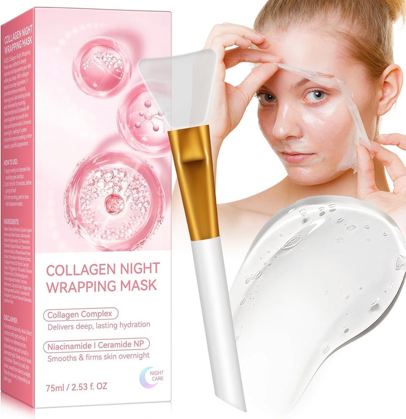 Collagen Night Wrapping Mask Peel Off Collagen Mask for the Face Deep Hydration Reduces Wrinkles Improves Skin Elasticity Brush Included 75 ml