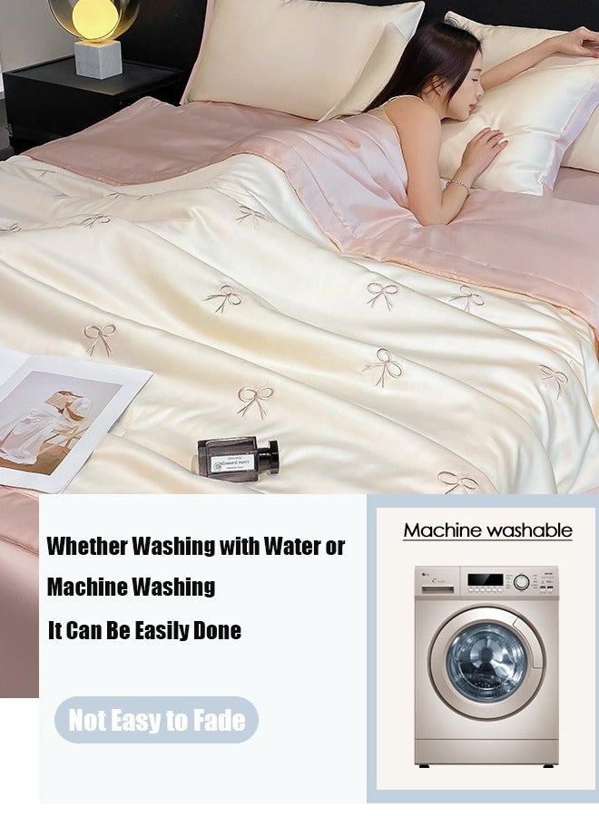 VUCATIN طقم لحاف حرير ثلجي من 4 قطع، لحاف صيفي بسيط من الحرير الجليدي، غطاء لحاف رقيق من الحرير الجليدي، لحاف بارد ومريح وقابل للغسل، بتصميم بسيط من الحرير الجليدي (180×220 سم، وردي) - Image 5