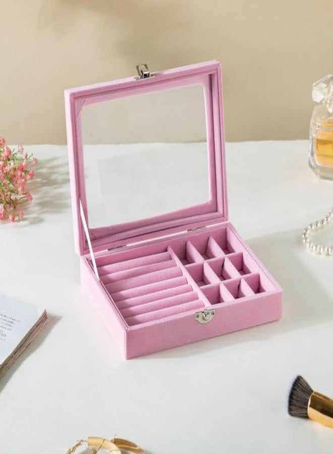 KANAV Mini Jewellery Travel Case, PU Leather Organizer Box, Small Portable Jewellery Storage Holder for Womens Rings Earrings Necklaces (9 Grid Jewelry Box - Pink) - Image 2