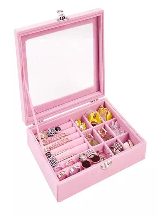 KANAV Mini Jewellery Travel Case, PU Leather Organizer Box, Small Portable Jewellery Storage Holder for Womens Rings Earrings Necklaces (9 Grid Jewelry Box - Pink) - Image 1