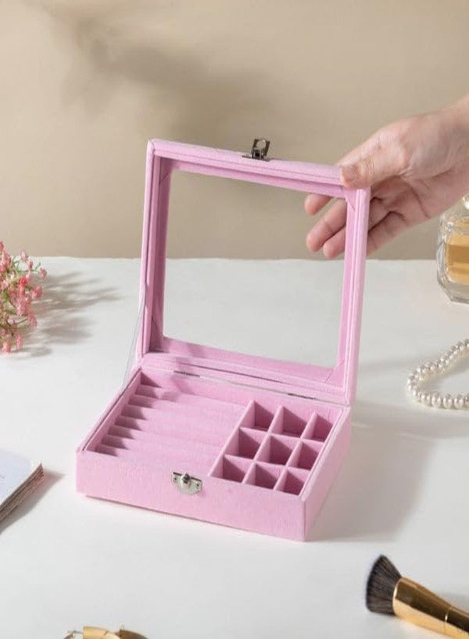 KANAV Mini Jewellery Travel Case, PU Leather Organizer Box, Small Portable Jewellery Storage Holder for Womens Rings Earrings Necklaces (9 Grid Jewelry Box - Pink) - Image 3