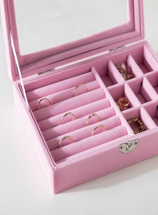KANAV Mini Jewellery Travel Case, PU Leather Organizer Box, Small Portable Jewellery Storage Holder for Womens Rings Earrings Necklaces (9 Grid Jewelry Box - Pink) - Image 4