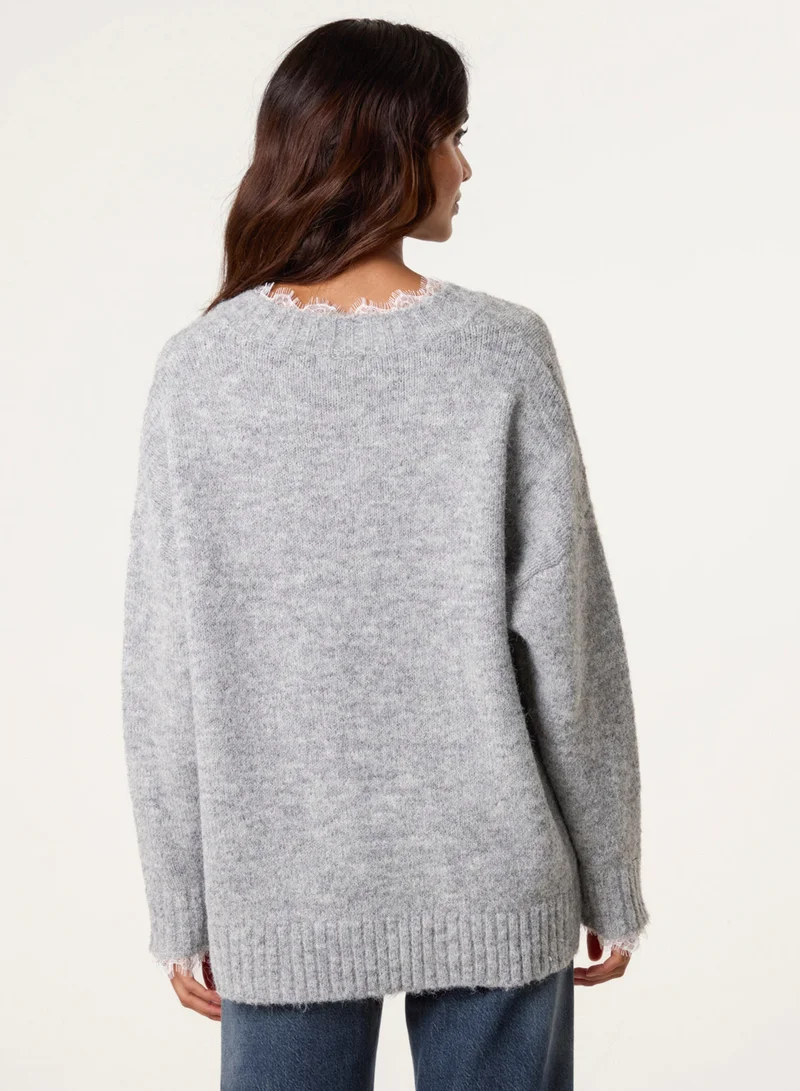 Blue Vanilla Lace Trim V Neck Jumper